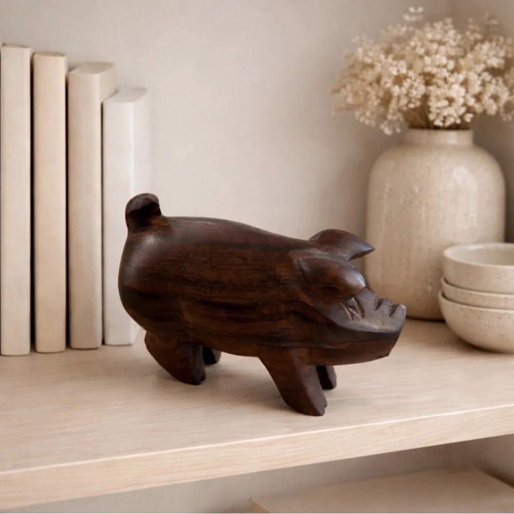 Vintage Hand-Carved Wood Pig Figurine Solid Hardwood Folk Art Decor - Picture 8 of 8